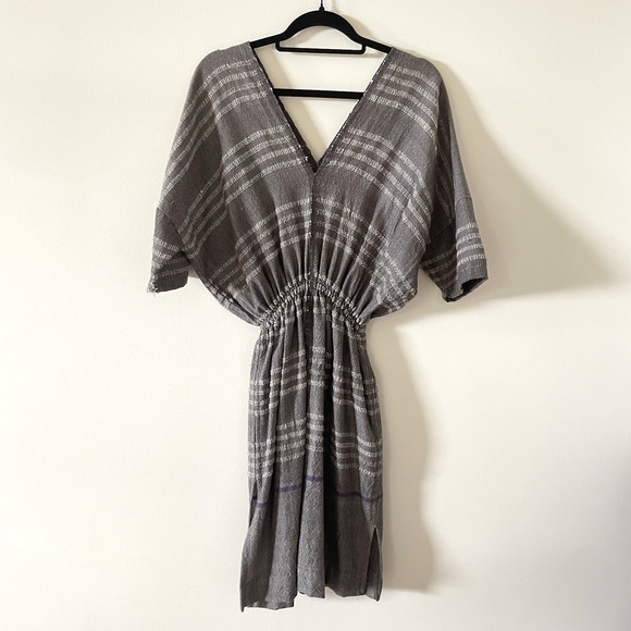 LemLem Gray Merino Wool Striped Dress Raw Hem Textured Knit Minimalist Natural M - Picture 2 of 13